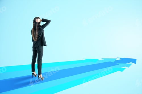 Preview: Attractive Young European Businesswoman With Blue Arrows On Light Background With Mock Up Place