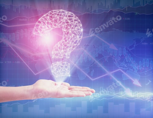 Preview: Hand Holding Abstract Polygonal Question Mark On Bright Background With Forex Chart. Business Faq