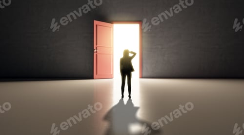Preview: Successful Business Woman Standing In Front Of Bright Door In Concrete Interior With Shadow On