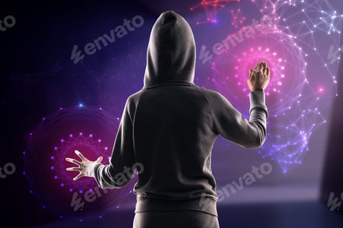 Preview: Back View Of Hacker Using Abstract Polygonal Circles Interface On Blurry Purple Background