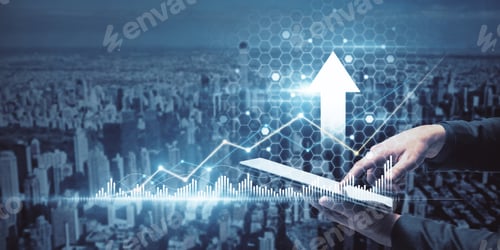Preview: Close Up Of Businessman Hand Using Tablet With Creative Glowing Arrow With Business Chart On Blurry