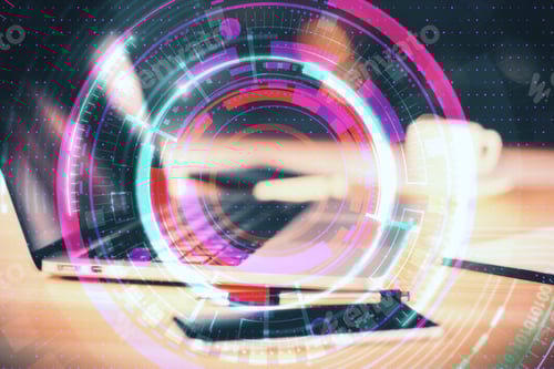 Preview: Side View And Close Up Of Laptop, Smartphone And Coffee Cup With Digital Button On Blurry