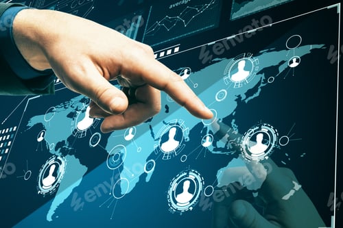 Preview: Close Up Of Hand Using Digital Business Interface On Dark Background. Innovation And Finance