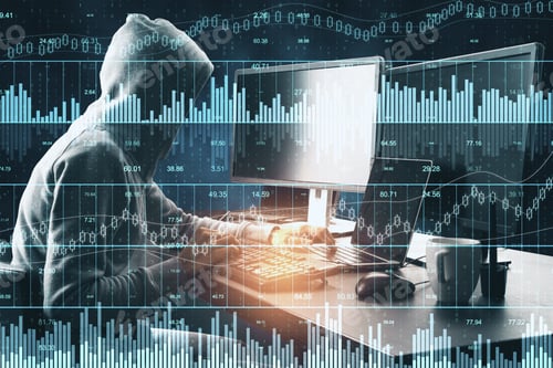 Preview: Hacker At Desktop Using Laptop With Abstract Forex And Big Data Interface On Dark Background. Ai