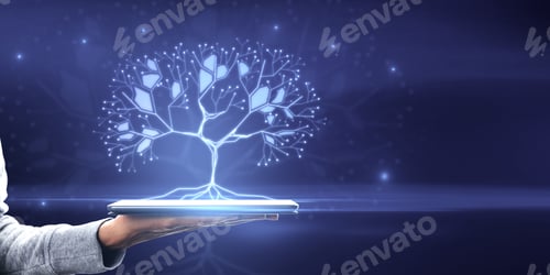 Preview: Close Up Of Businessman Hand Holding Mobile Phone With Glowing Digital Polygonal Tree On Blue