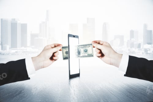 Preview: A Man Passes Another Man Money Through Smartphone, Online Money Transfer Concept
