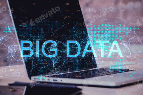 Preview: Close Up Of Laptop On Abstract Polygonal Big Data Background. Technology And Communication Concept