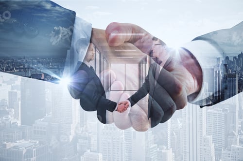 Preview: Handsome Businessmen Shaking Hands On Modern City Background. Contract Concept. Double Exposure
