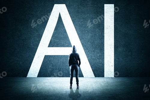 Preview: Back View Of Hacker Looking At Creative Ai Letters On Concrete Wall. Artificial Intelligence And