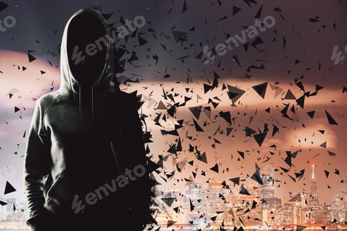 Preview: Abstract Polygonal Hacker In Hoodie On Blurry Night City And Sky Background. Malware And Theft