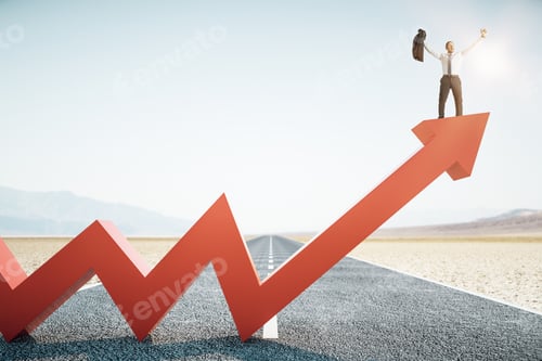 Preview: Happy Businessman Standing On Upward Red Arrow On Abstract Road And Desert Background. Growth