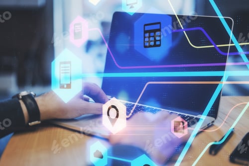 Preview: Technology And Communication Concept. Side View And Close Up Of Hands Using Laptop On Desktop With