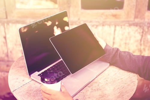 Preview: Girl With Paper Cup Of Coffee, Digital Tablet And Laptop Outdoor, Instagram Photo Effect