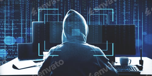 Preview: Hacker In Hoodie Using Computer At Desktop On Abstract Binary Code Background With Face Recognition