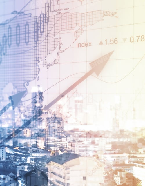 Preview: Abstract Forex Chart On City Background. Financial Growth Concept. Toned Image. Double Exposure