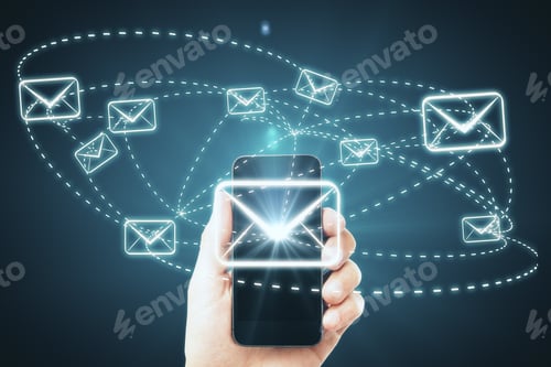 Preview: Hand Holding Smartphone With Digital Email Icons On Blue Background. E-Mail Marketing And