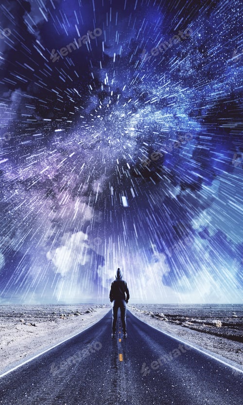 Preview: Back View Of Man On Creative Road With Cloudy Night Sky Background. Freedom And Opportunity Concept