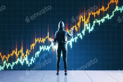 Preview: Hacker Using Glowing Stock Analytics On Virtual Screen. Hacking And Cyber Attack Concept.