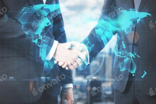 Preview: Businessmen Shaking Hands On Abstract City Background With Global Business Interface. Trade And