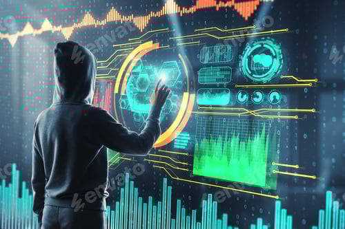 Preview: Malware And Finance Concept. Side View Of Hacker In Hoodie Using Digital Business Interface In