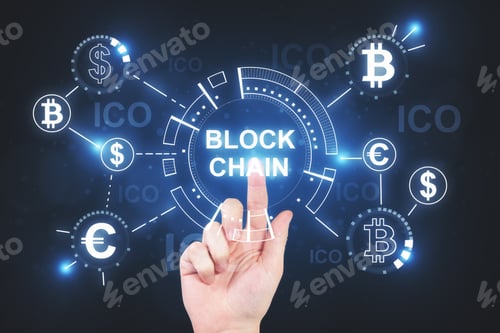 Preview: Businessman Hand Pointing At Abstract Blockchain Hologram. Cryptocurrency And Money Concept. Double
