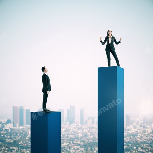 Preview: Businessman And Woman Standing On Competition Pedestals On City Background. Leadership And Success