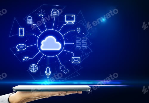 Preview: Hand Holding Tablet With Glowing Cloud Interface On Dark Blue Background. Cloud Computing And
