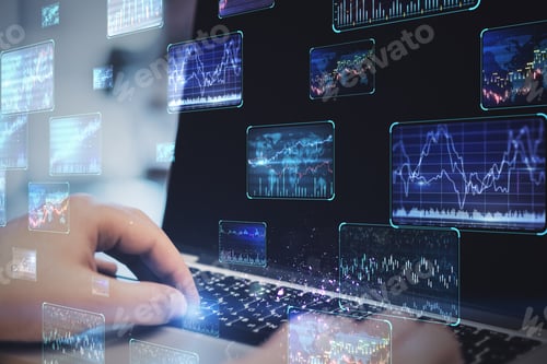 Preview: Close Up Of Hands Using Notebook With Various Forex Screens On Blurry Background. Cryptocurrency