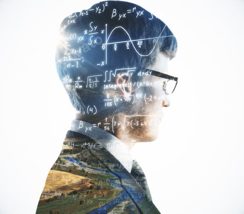 Preview: Side View Of Young Businessman Portrait On Bright Landscpad Background With Mathematical Formulas
