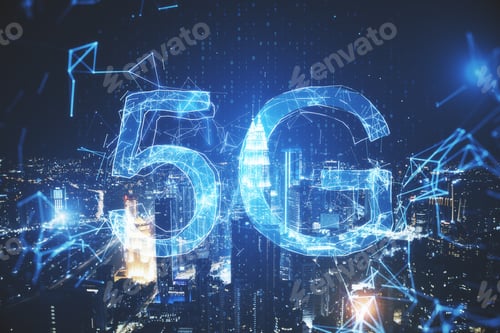 Preview: Creative Glowing 5G Internet Sign On City Background. Speed And Technology Concept.
