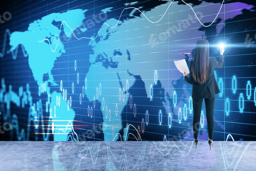 Preview: Businesswoman Drawing Glowing Stock Analytics On Virtual Screen. Global Business And Information