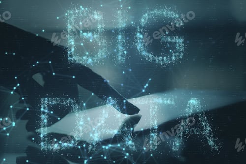 Preview: Close Up Of Hand Using Tablet With Abstract Ai Hologram On Blurry Background. Artificial