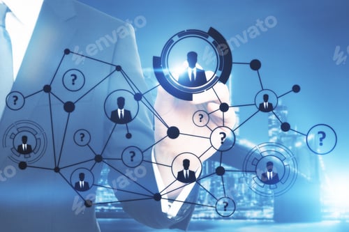 Preview: Businessman Pointing At Abstract Hr Network On City Background. Recruiting Concept