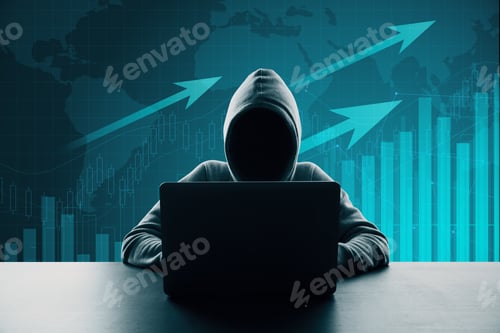 Preview: Hacker Using Laptop On Glowing Business Chart Background With Arrows And Map. Trade And Hacking