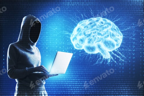 Preview: Side View Of Hacker Using Laptop With Glowing Brain Hologram. Hacking And Ai Concept.