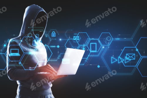 Preview: Side View Of Hacker Using Laptop With Abstract Digital Business Interface On Blurry Background