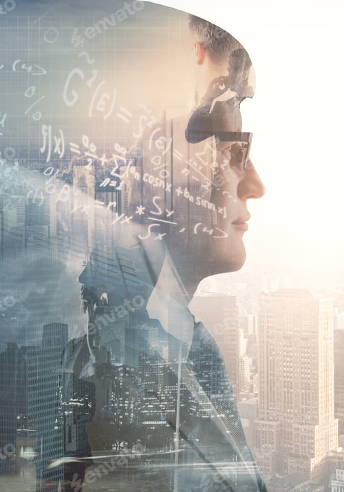 Preview: Side Portrait Of Businessman On Abstract City Background With Mathematical Formulas. Education And