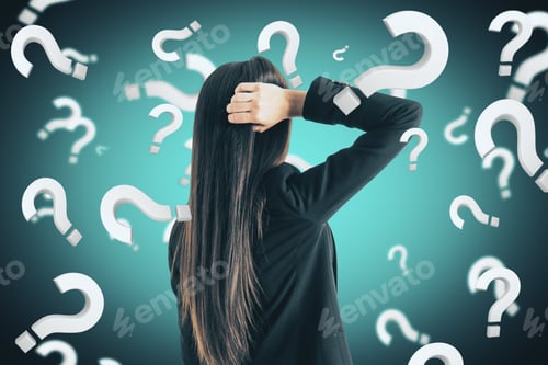 Preview: Portrait Of Attractive Young European Businesswoman With Question Marks. Doubt And Stress Concept