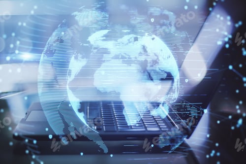 Preview: Close Up Of Laptop With Abstract Globe Interface On Blurry Desktop Background. International