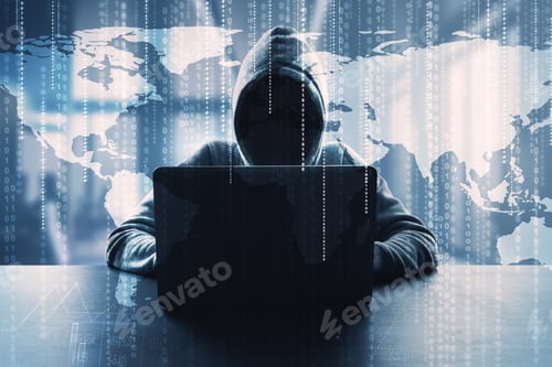 Preview: Hacker Using Dark Laptop At Desktop With Glowing Interactive Map. Distributed Data And Criminal