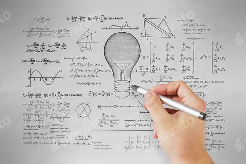 Preview: Hand Drawing Abstract Lamp Sketch With Mathematical Formulas On Concrete Wall Background