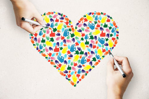 Preview: Drawing Of Colorful Hand Gesture Heart On White Background. Community, Care, Donation