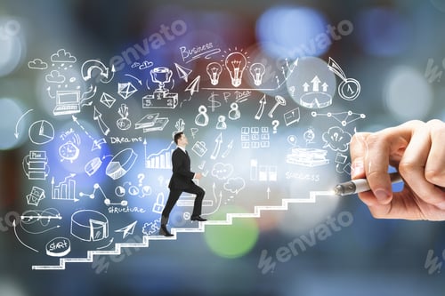 Preview: Side View Of Young Businessman Walking On Drawn Business Sketch Ladder On Blurry Bokeh Background