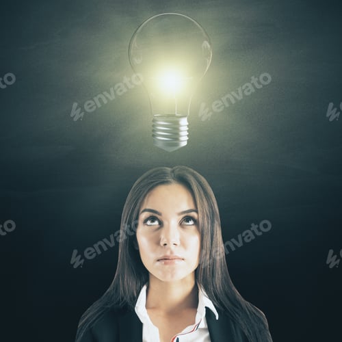 Preview: Portrait Of Attractive Young Businesswoman With Lamp On Dark Background. Idea And Solution Concept