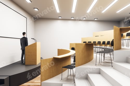 Preview: Caucasian Businessman Standing In Modern Auditorium Interior. Presentation Concept.
