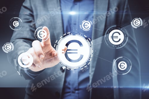 Preview: Businessman Hand Uasing Euro Icon Interface On Virtal Screen. Cryptocurrency And Trade Concept.