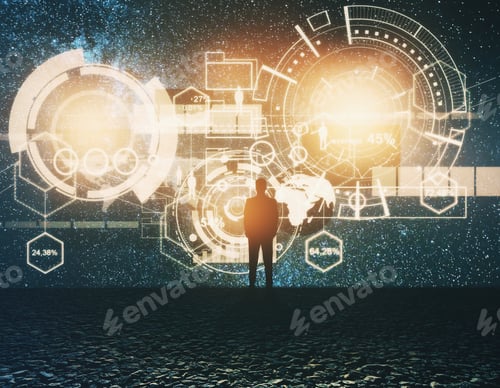 Preview: Back View Of Young Businessman Looking At Starry Sky With Abstract Business Hologram. Technology