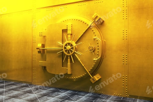 Preview: Closed Bank Vault Door In Gold. 3D Render