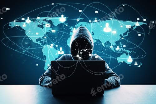 Preview: Young Hacker Using Laptop With Digital Map. Communication And Hacking Concept.