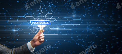 Preview: Hand Holding Glowing Light Bulb With Creative Glowing Digital Hud Interface Background With Circuit